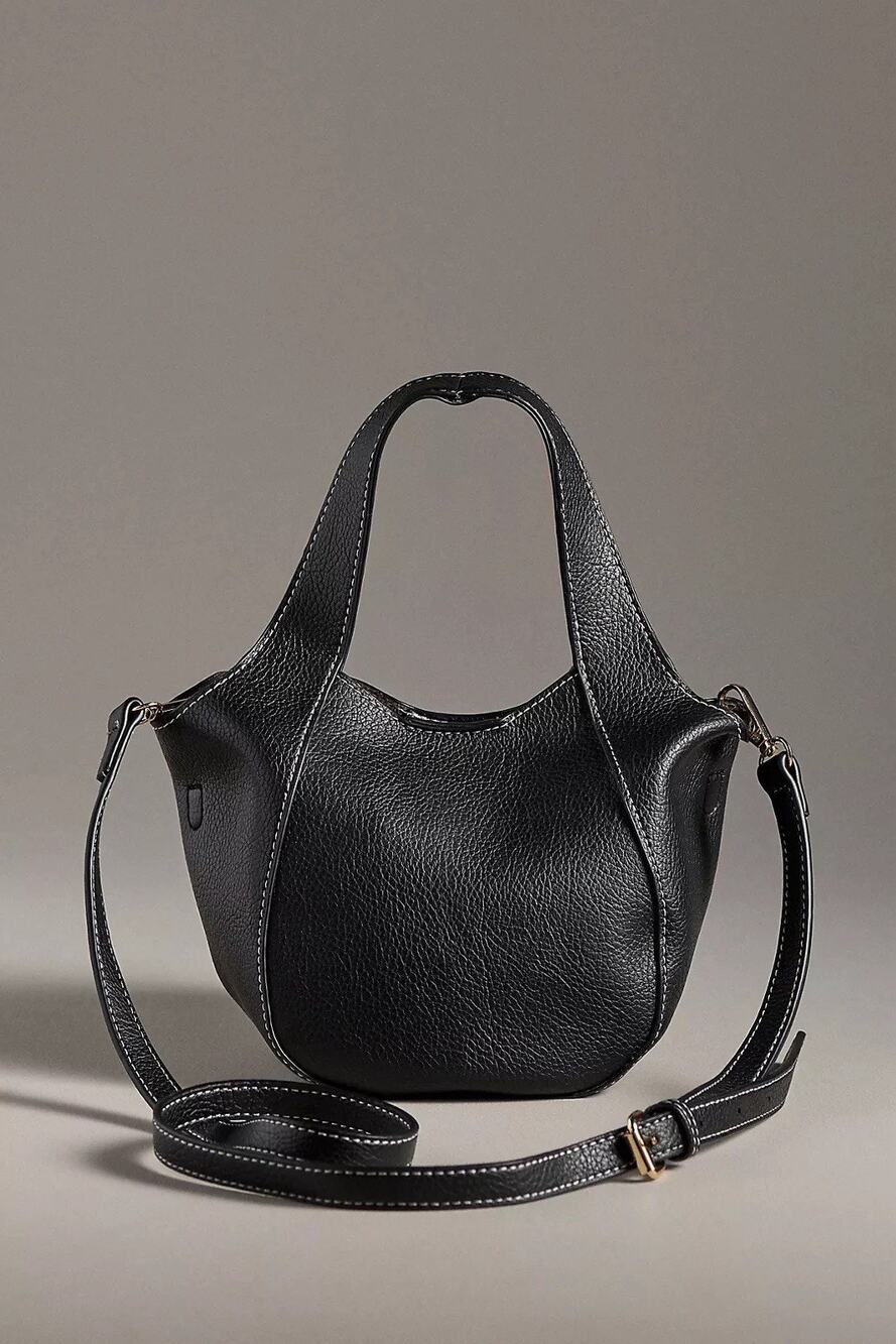 Anthropologie Sonia Mini Slouchy Tote Bag Black Faux Leather Removable Crossbody